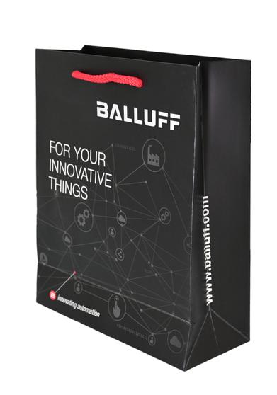 Schwarze Papiertragetasche,  Motiv: Balluff - For your innovative things